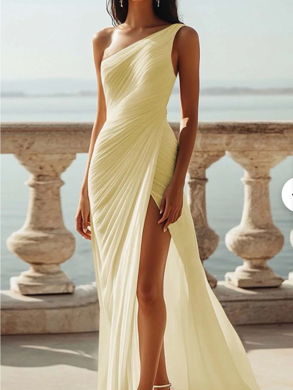 One-Shoulder Pale Yellow Evening Gown
